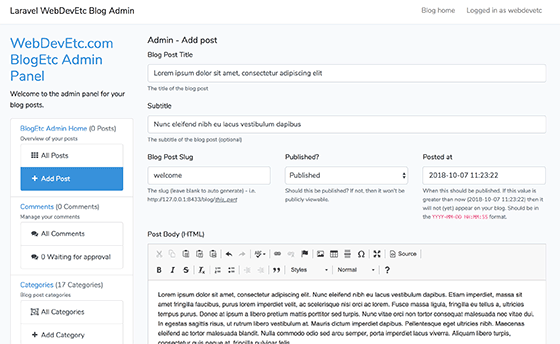 Creating a blog post in my laravel blog package admin backend panel