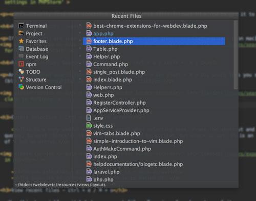 Recent files in PHPStorm